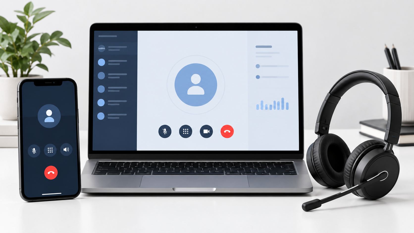 Mobiltelefon, dator och headset för företagstelefoni